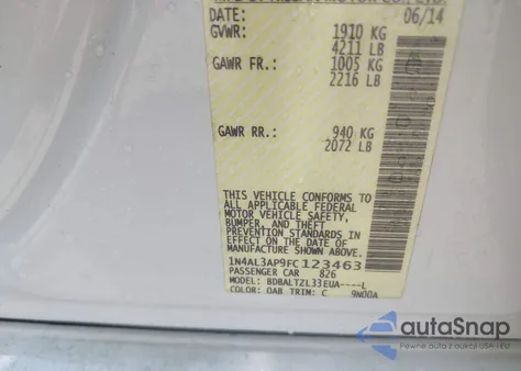 2015 Nissan Altima 2.5 Sl from USA, damaged, VIN 1N4AL3AP9FC123463